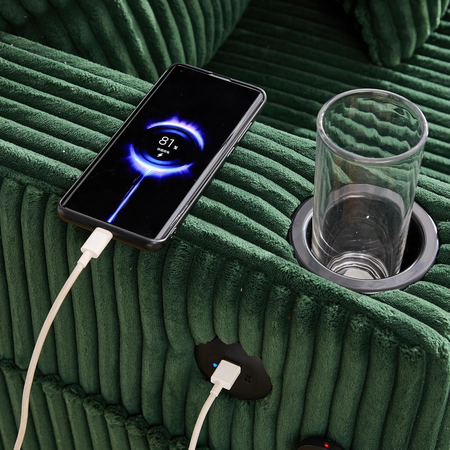 Chaiselongue Schlafsofa 2-Sitzer, Sofa mit LED & USB-C-Port & 2 Kissen & Getränkehaltern, Bettsofa, Für Wohnzimmer & Schlafzimmer, Emerald