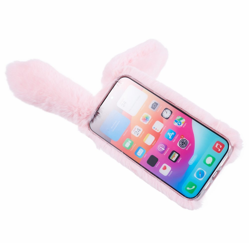 iPhone 15 Pro 3D Gummi Plüsch Case Hülle Bunny mit Flauschigen Hasenohren - Rosa