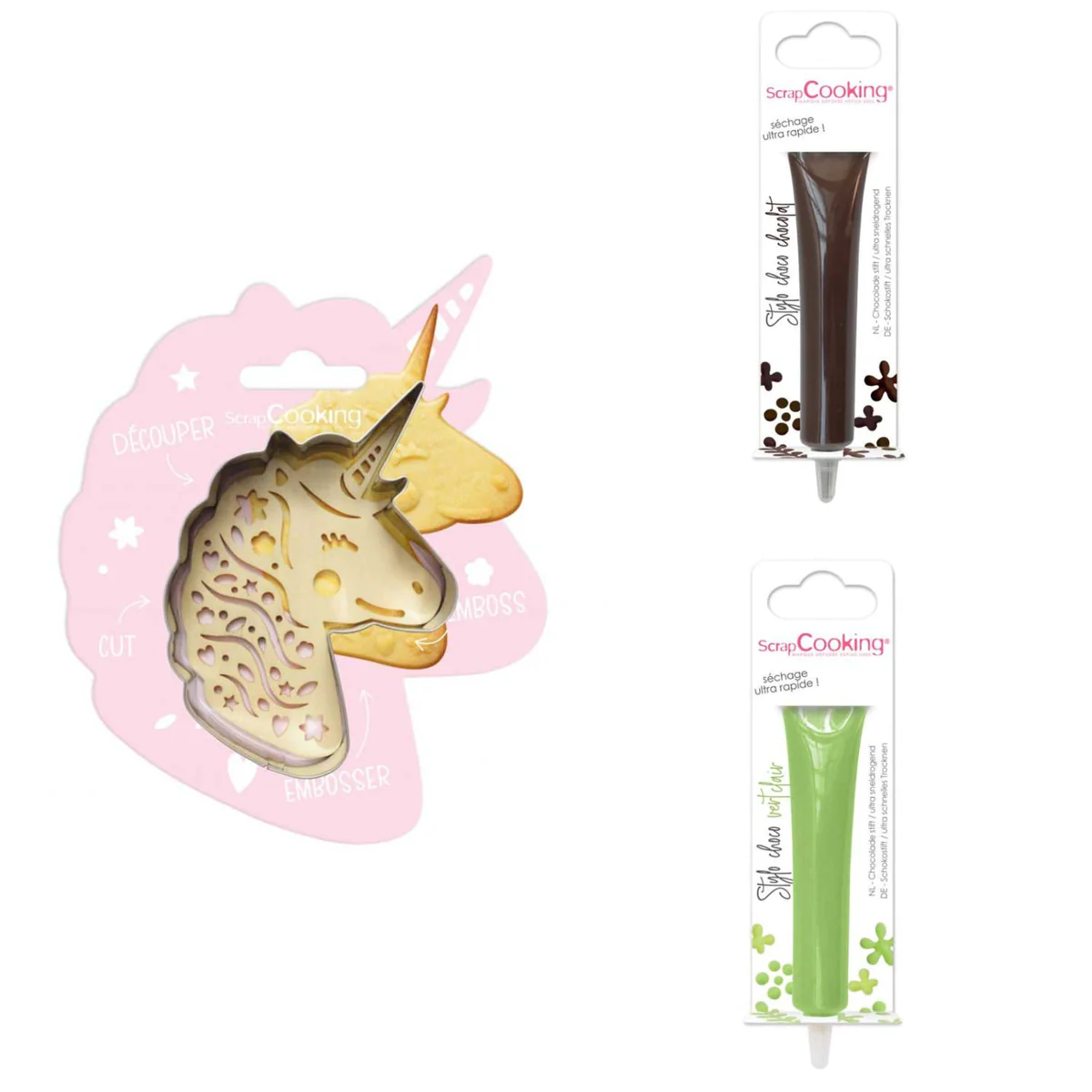 Kit pour biscuit en relief Licorne + 2 Stylos au chocolat marron et ve