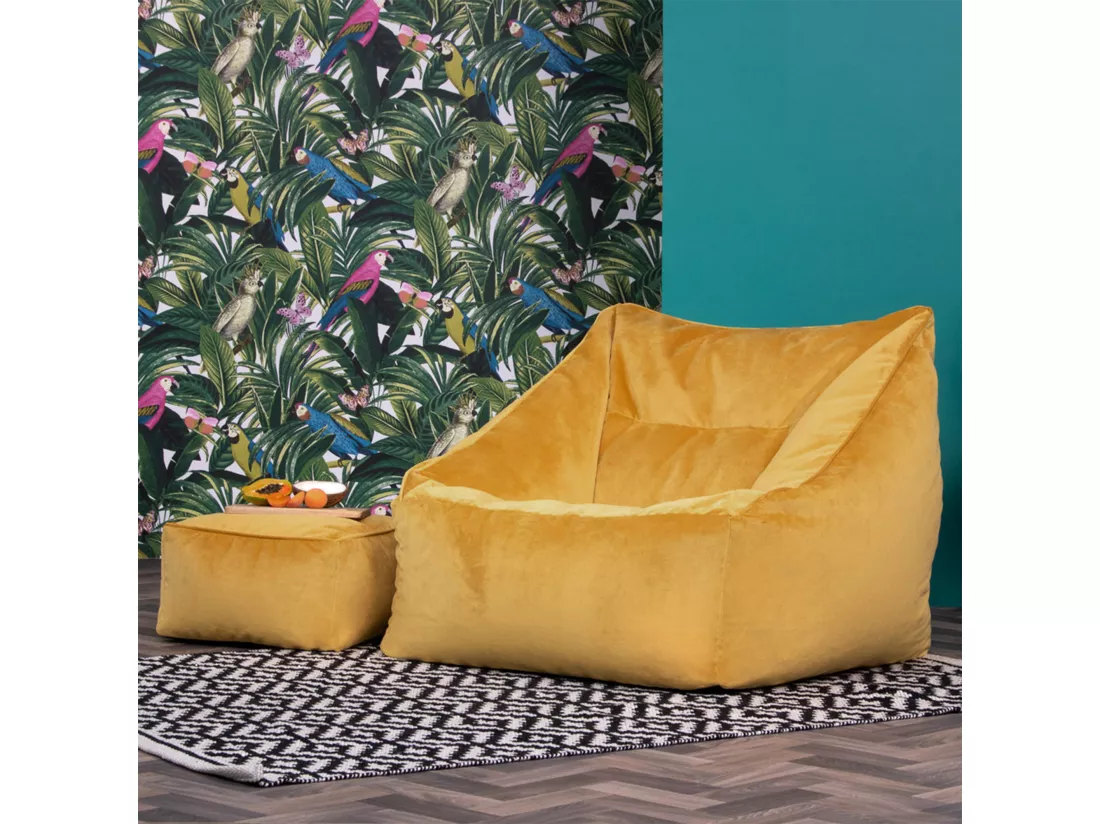 Pouf fauteuil avec repose-pied carré velours jaune ocre - NATALIA