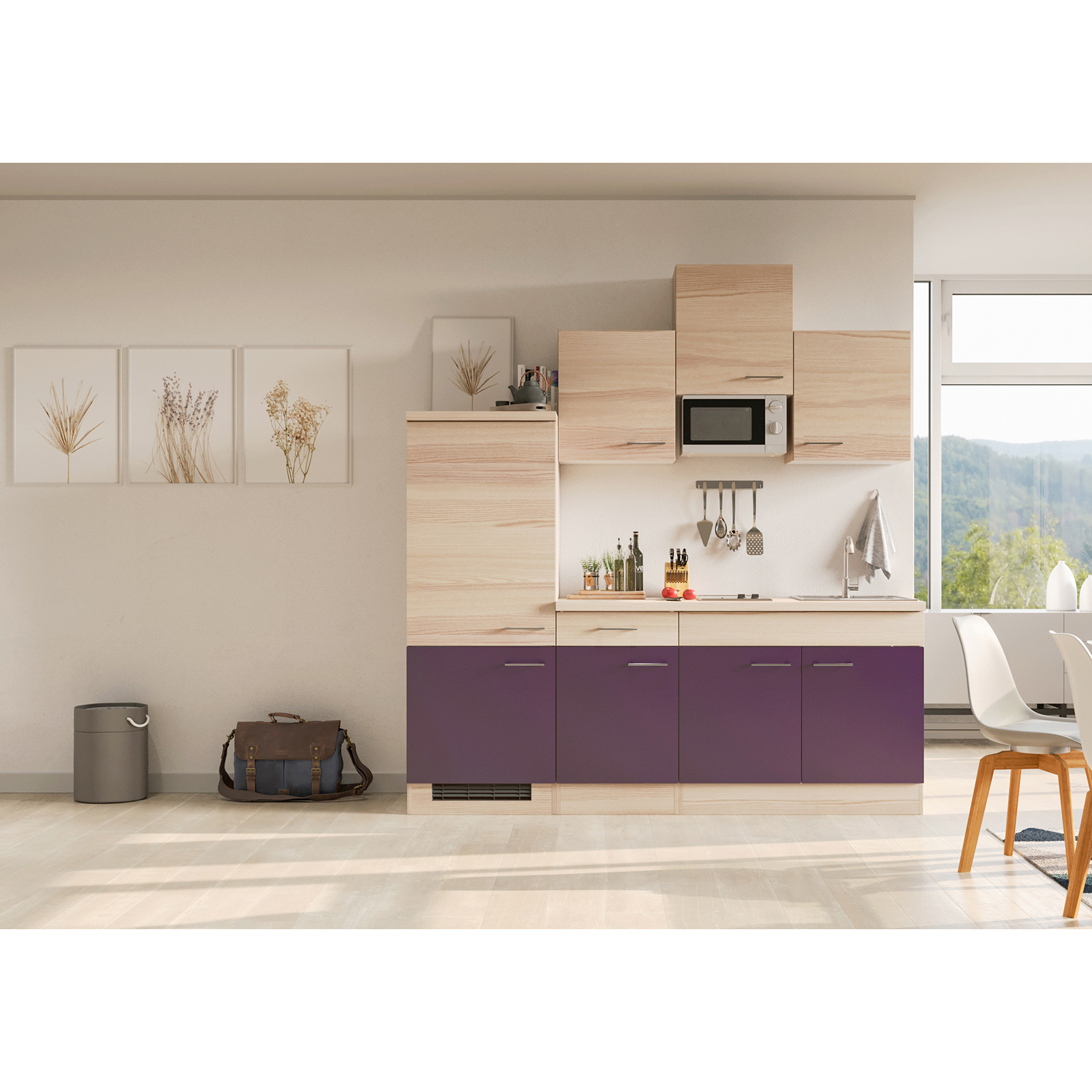 Küchenblock FOCUS - Akazie-aubergine - mit E-Geräten - 210 cm