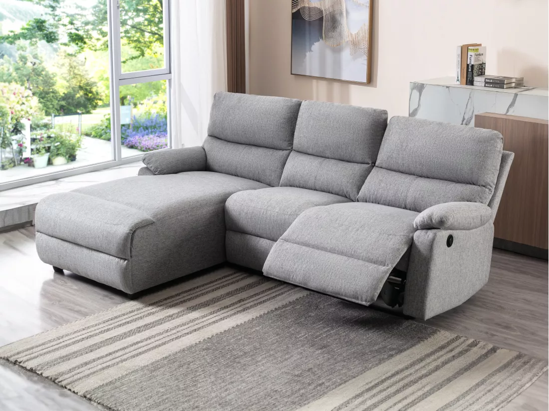 Canapé d'angle gauche relax électrique en tissu gris clair LUNANO
