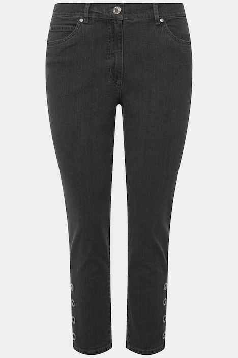 Jeans, tapered Fit, 5-Pocket, Saum mit Zier-Ösen, teilelastischer Bund