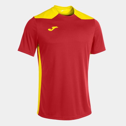 Camiseta Joma Championship VI de manga curta, vermelha e amarela.