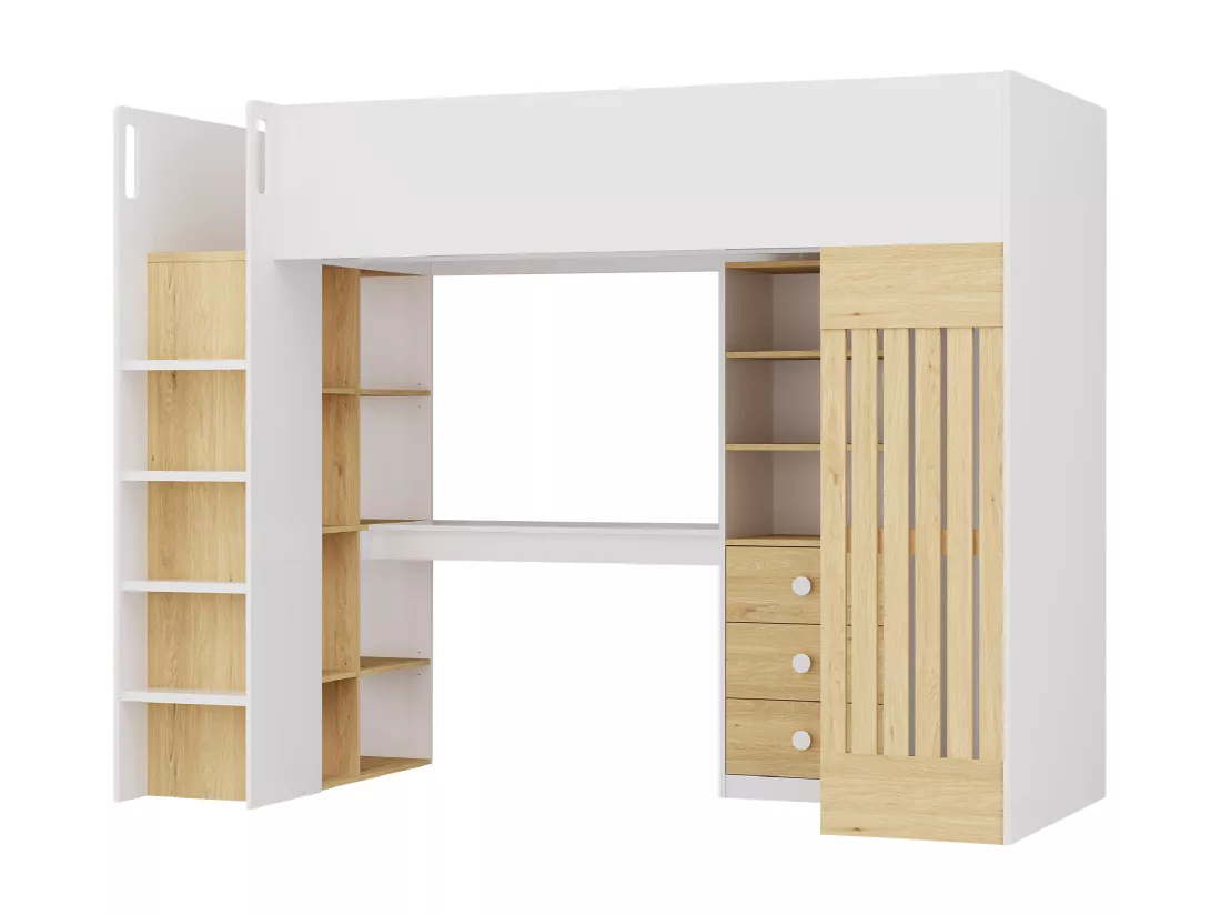 Lit mezzanine 90 x 190 cm avec bureau et penderie - Coloris : Blanc et naturel + Matelas - LORINTI