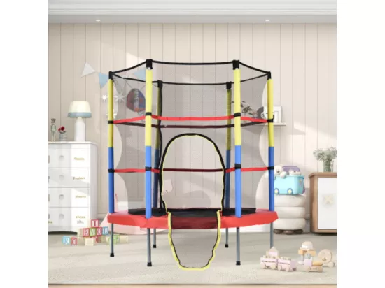 Trampoline pour enfants avec panier de basketball, 45 kg, taille totale (H*L) : 164x140 cm, rouge/jaune/bleu