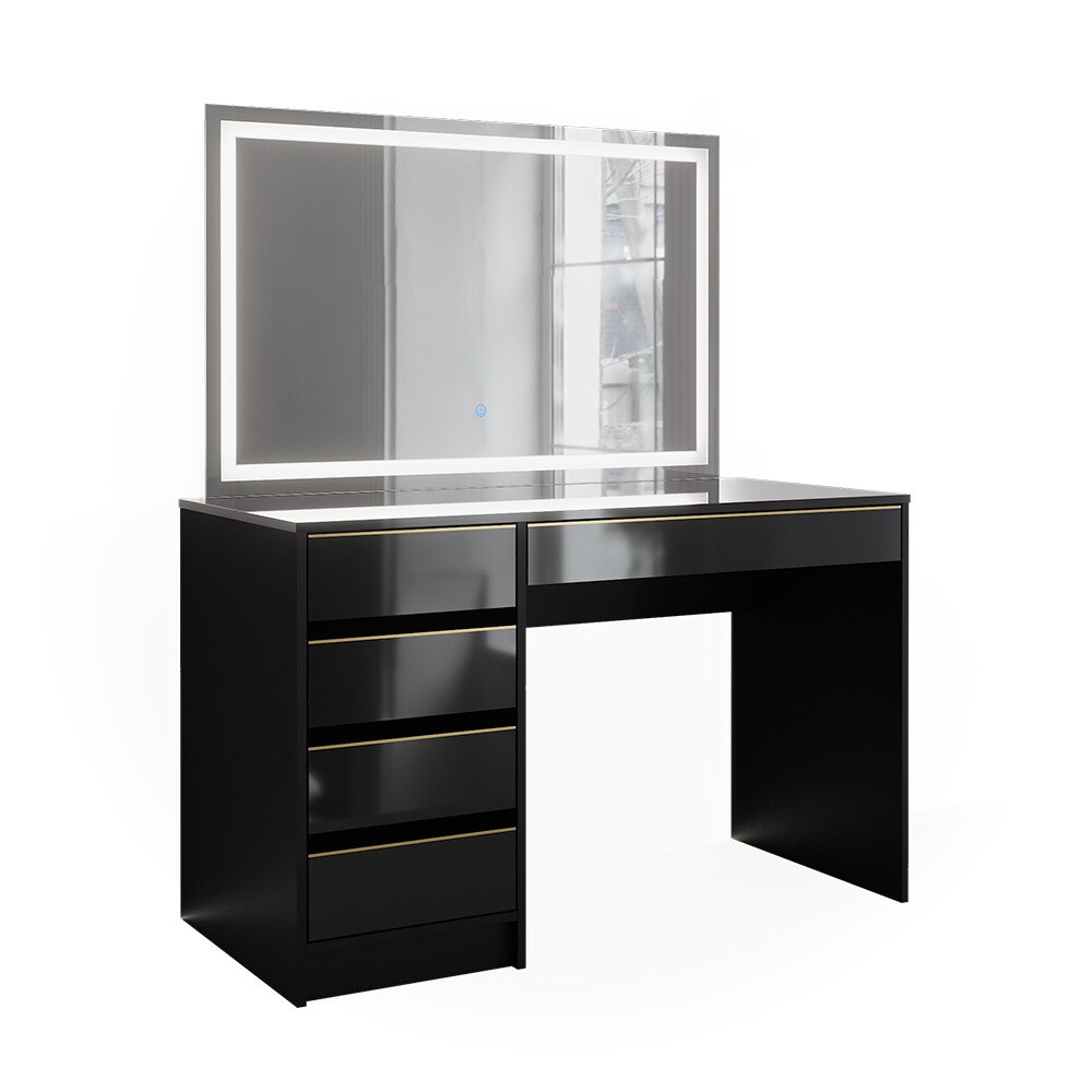 Vicco Schminktisch Sherry Schwarz Hochglanz Gold 120 x 75 cm 5 Schubladen LED-Spiegel