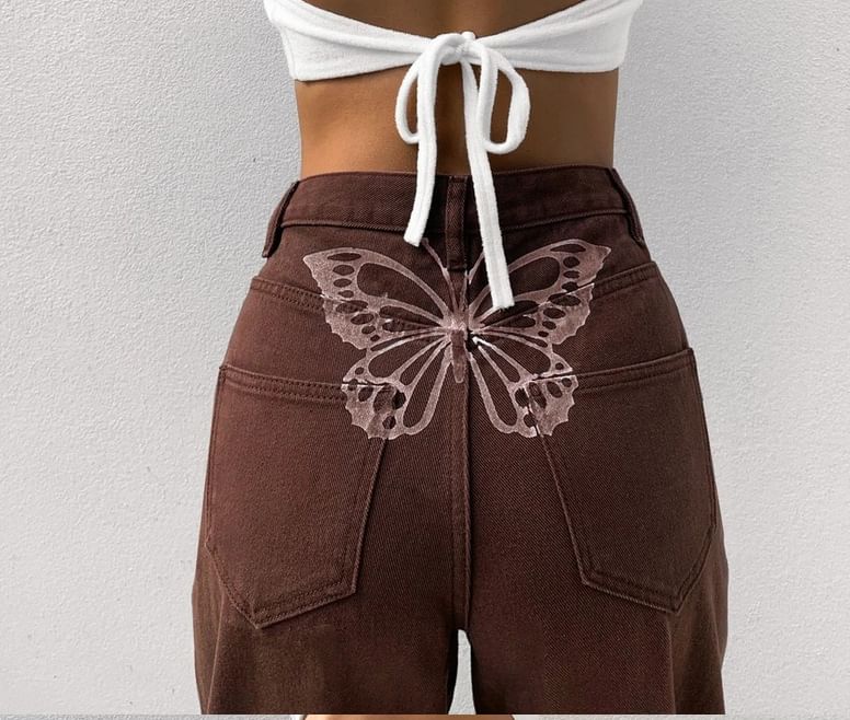 BrickBlack - Hoge taille vlinderprint rechte jeans