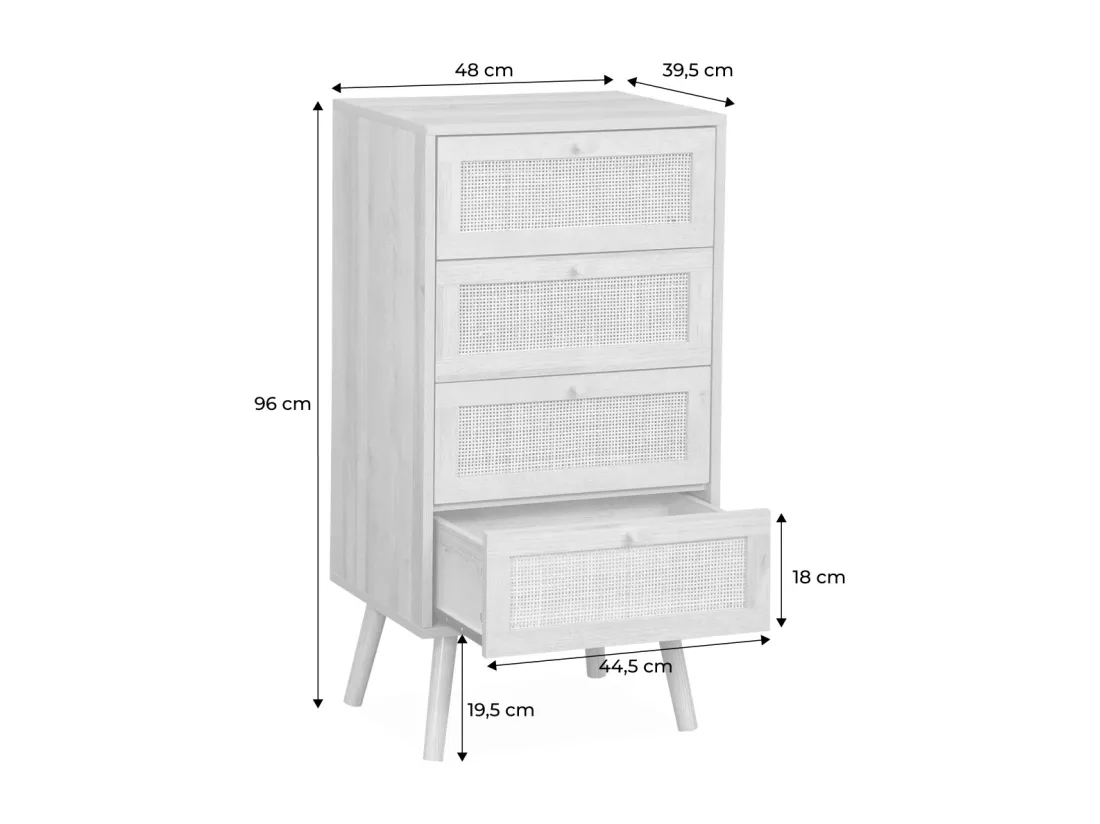 Commode chiffonnier 4 tiroirs effet bois et cannage