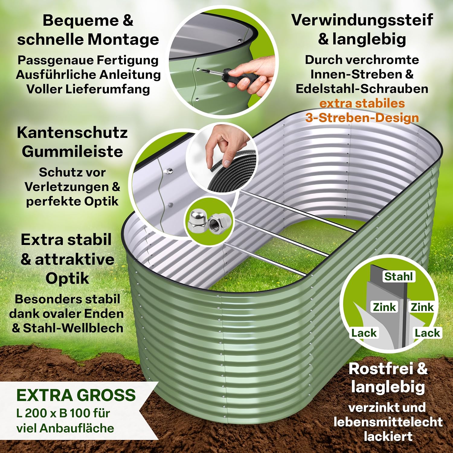 TTL GARDEN 200x100x80cm Inspire L Salbei Metall Hochbeet - Stahl rostfrei verzinkt & grün lackiert Wellblech sehr stabil Garten Beet Form oval für Gemüse Kräuter Blumen Gartenbeet Gemüsebeet