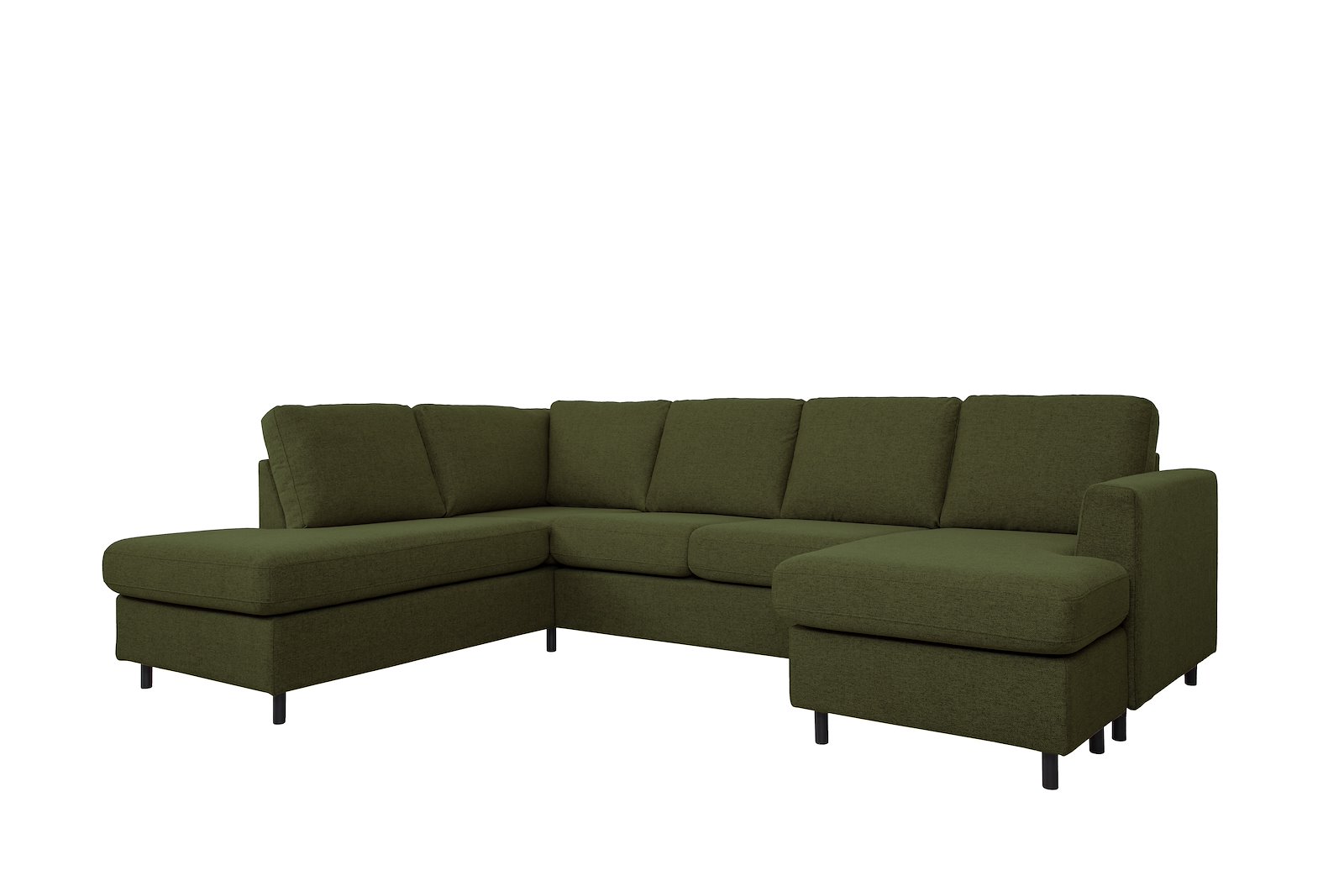 Oslo U-sofa Åpen ende venstre og sjeselong høyre. Tekstil Neve 39 Green beige med sorte ben