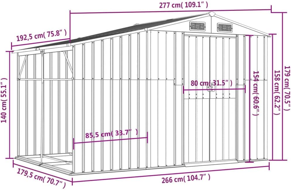 vidaXL Gerätehaus, Gartenhaus mit Schrägdach Griffe, Gartenschuppen Schuppen mit Stauraum, Geräteschuppen Metallschuppen, Grün 277x192,5x179 cm Verzinkter Stahl