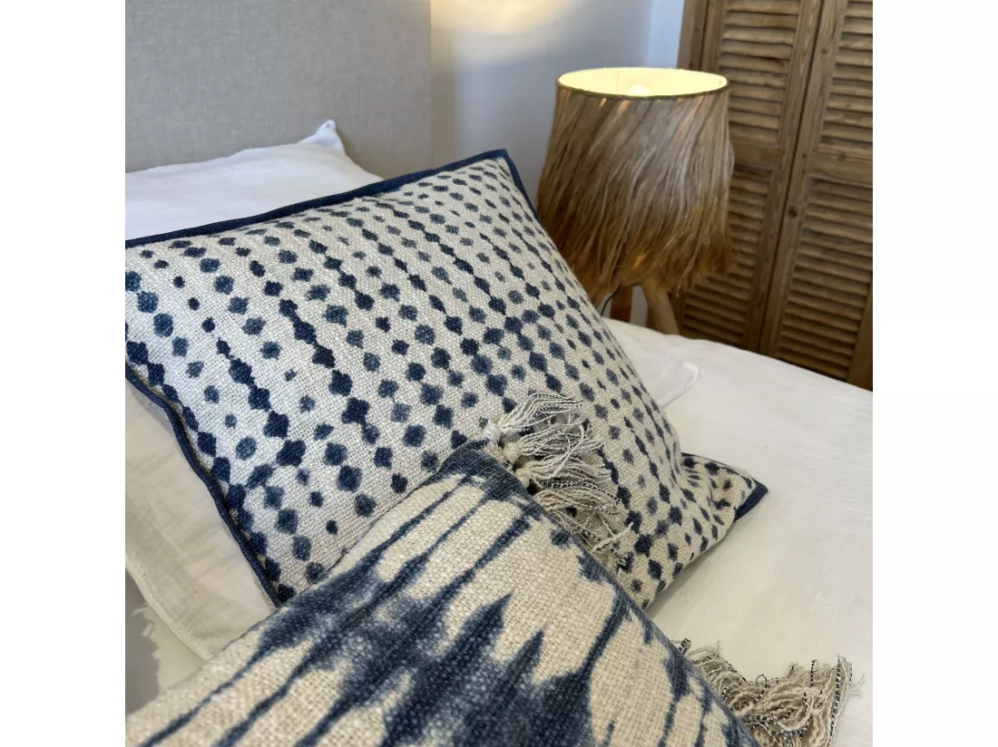 Now's Home - Coussin En Coton Imprime Bleu Mer Passepoil Bleu 45x45cm Galo