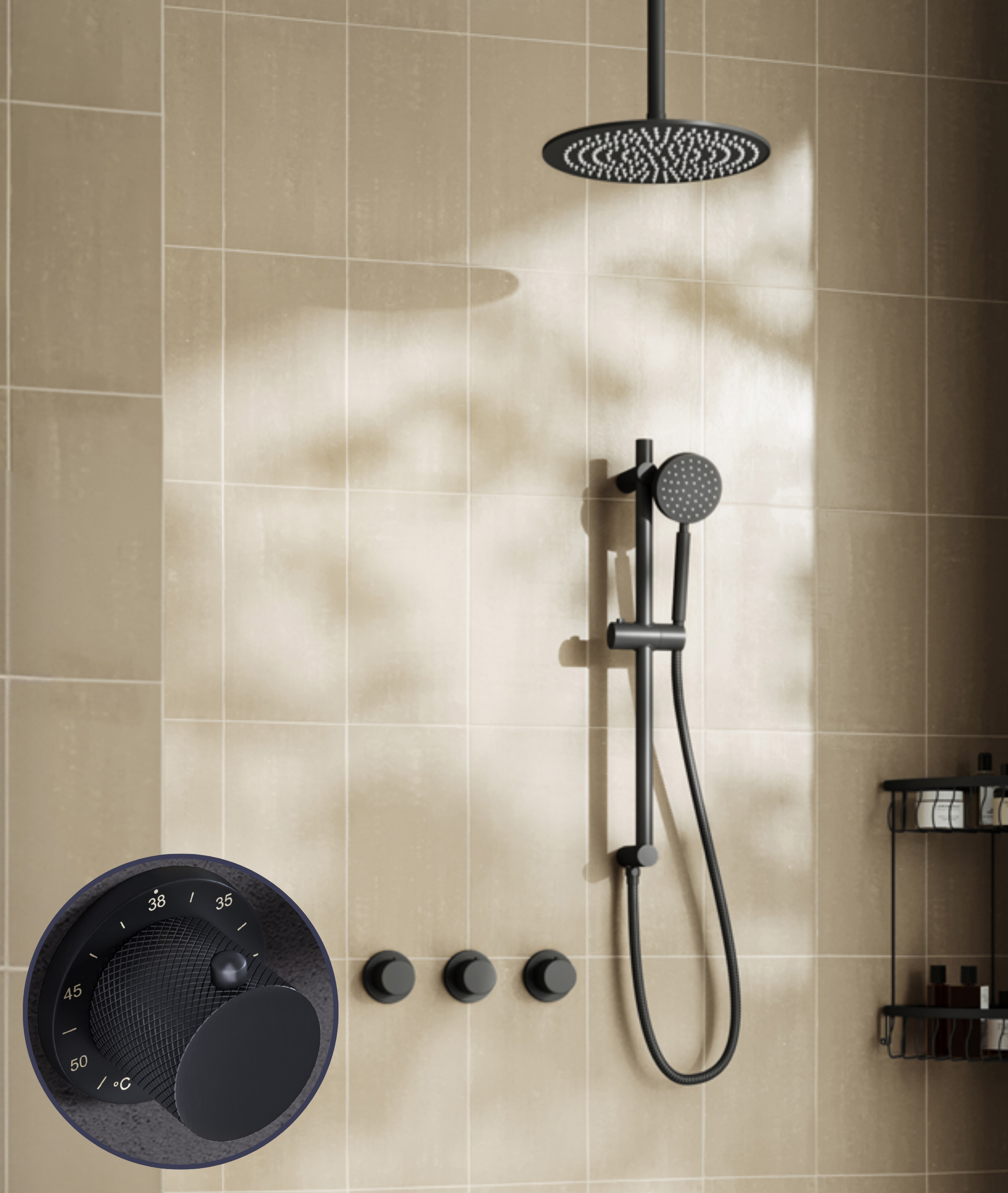 Saniclear Plus Curved inbouw regendouche met 30cm hoofddouche, plafondarm en glijstang zwart mat