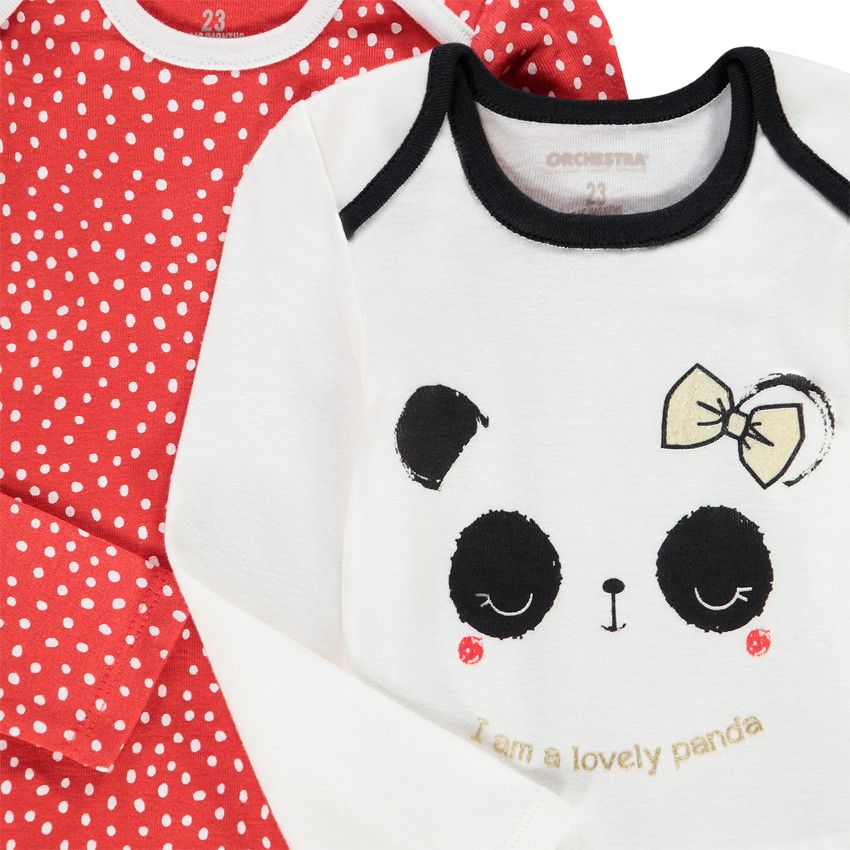 Lot de 5 bodies manches longues print panda pour bébé fille - Ecru
