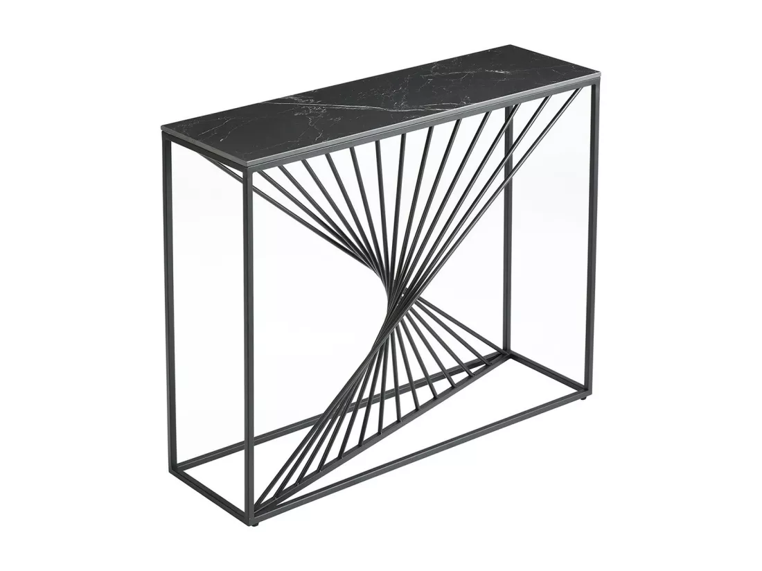 DOMUS - Console Plateau Céramique Marbré Noir Pieds Métal Noir