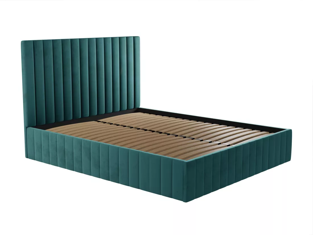Lit coffre 180 x 200 cm avec tête de lit coutures verticales - Velours - Bleu canard - LARALI de Pascal Morabito