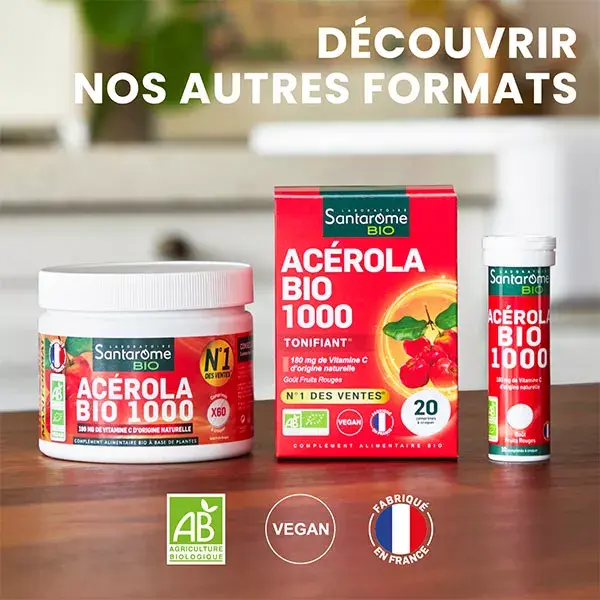 Santarome Bio - Acérola Bio 1000 - Vitamine C naturelle - 20 comprimés à croquer