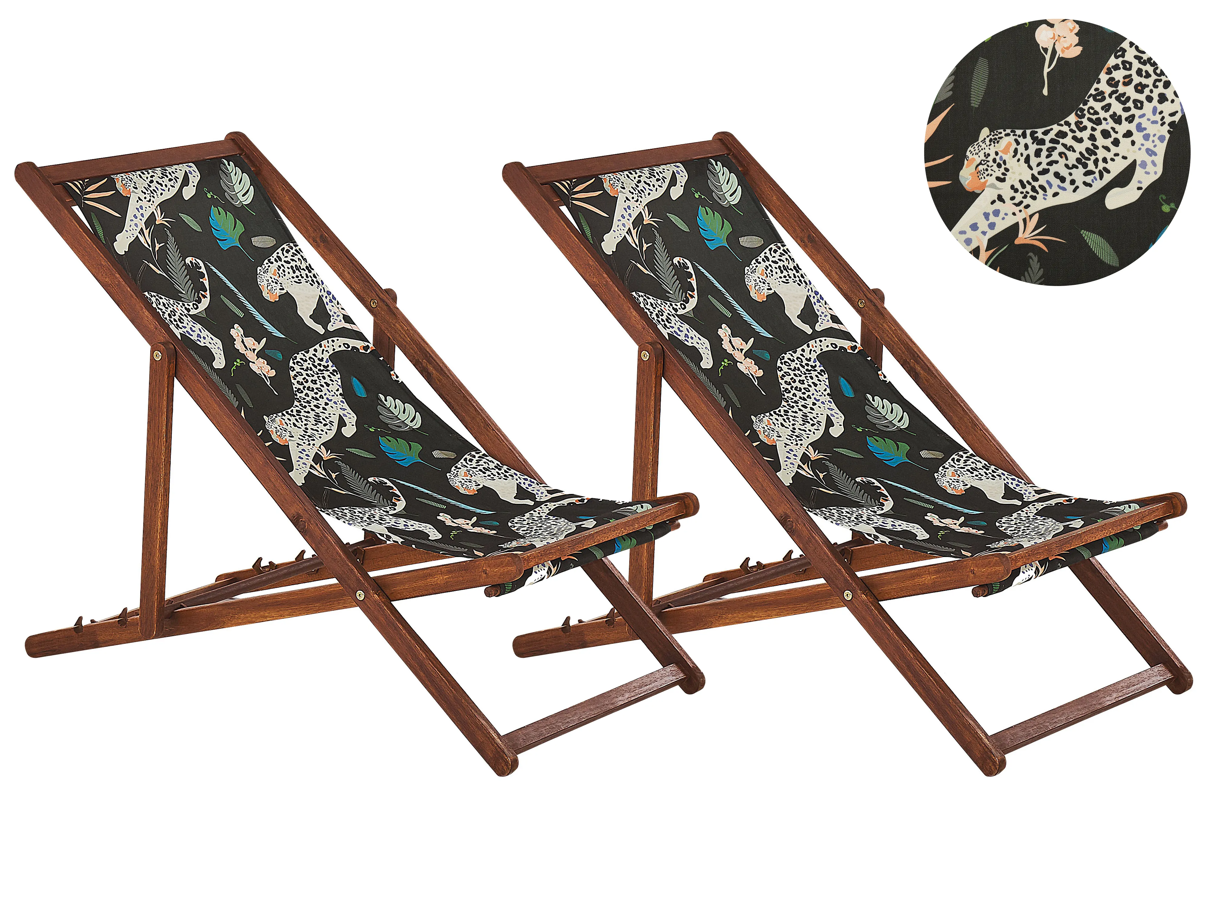 Set van 2 inklapbare ligstoelen ANZIO met vervangingshoezen Dieren motief Acaciahout Donkerbruin
