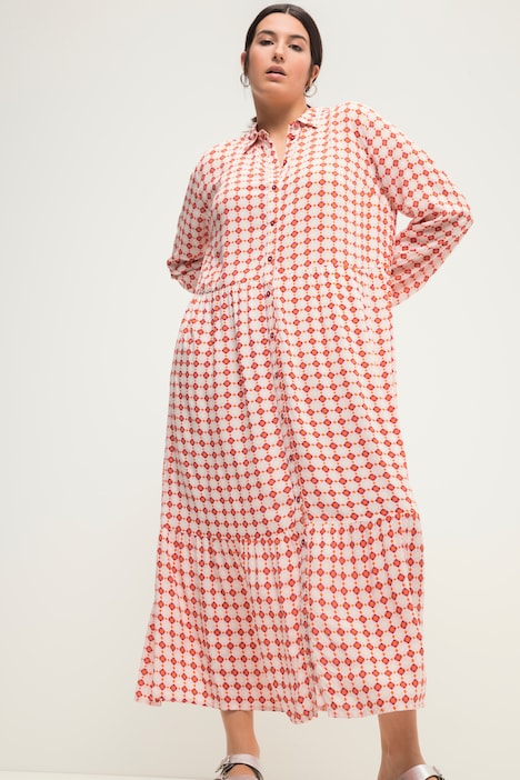 Maxikleid, A-Line, Krawattenprint, Hemdkragen, Langarm