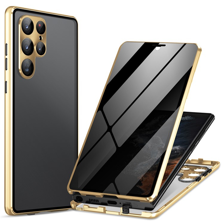 Samsung Galaxy S24 Ultra Magnetische Alu Schutzhülle mit Panzer Glas Backcover   Privacy Display- / Kameraglasschutz (Verschlussmechanismus) - Gold
