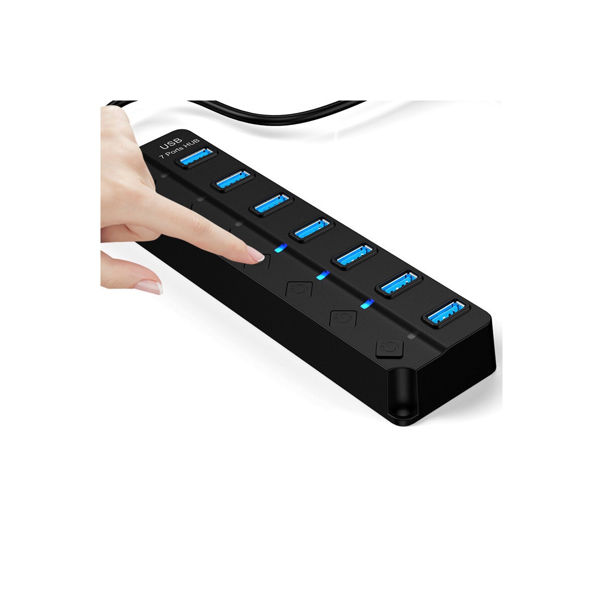 Hub med 7 USB 3.0-utganger, 5 Gbps og individuelle av/på-knapper