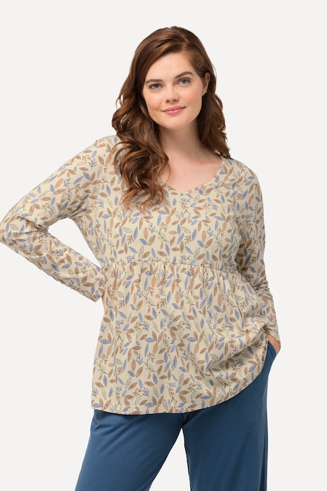 Schlafshirt, Blätter, V-Ausschnitt, Langarm, Biobaumwolle