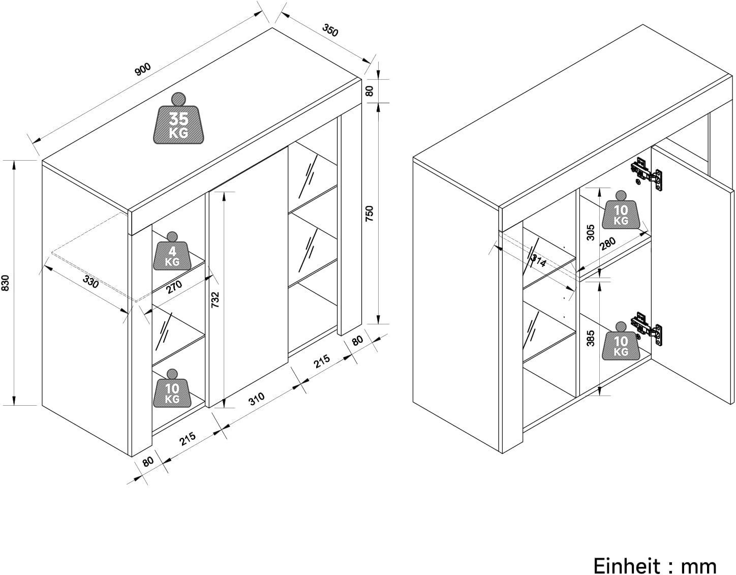 SONNI Sideboard, Küchenschrank, mit LED Beleuchtung(12 Farben können eingestellt Werden) Schwarz Hochglanz Aufbewahrungsschrank, für Küche,Wohnzimmer, 90(B)*35(T)*83(H) cm