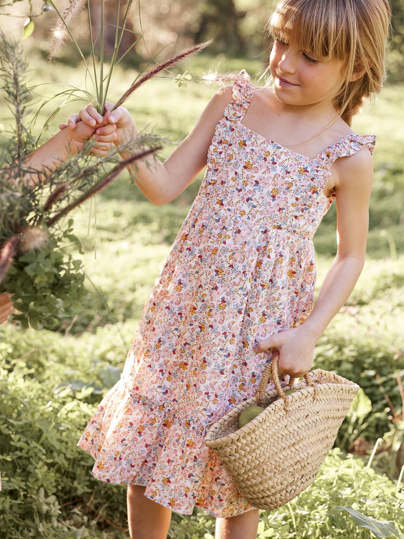 Vestido longo de alças finas com babados, para meninas, estampa amarelo escuro.