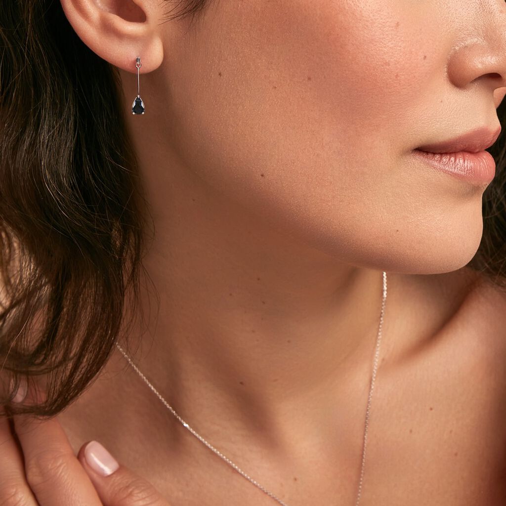 Boucles D'oreilles Pendantes Or Blanc Goutte Saphir