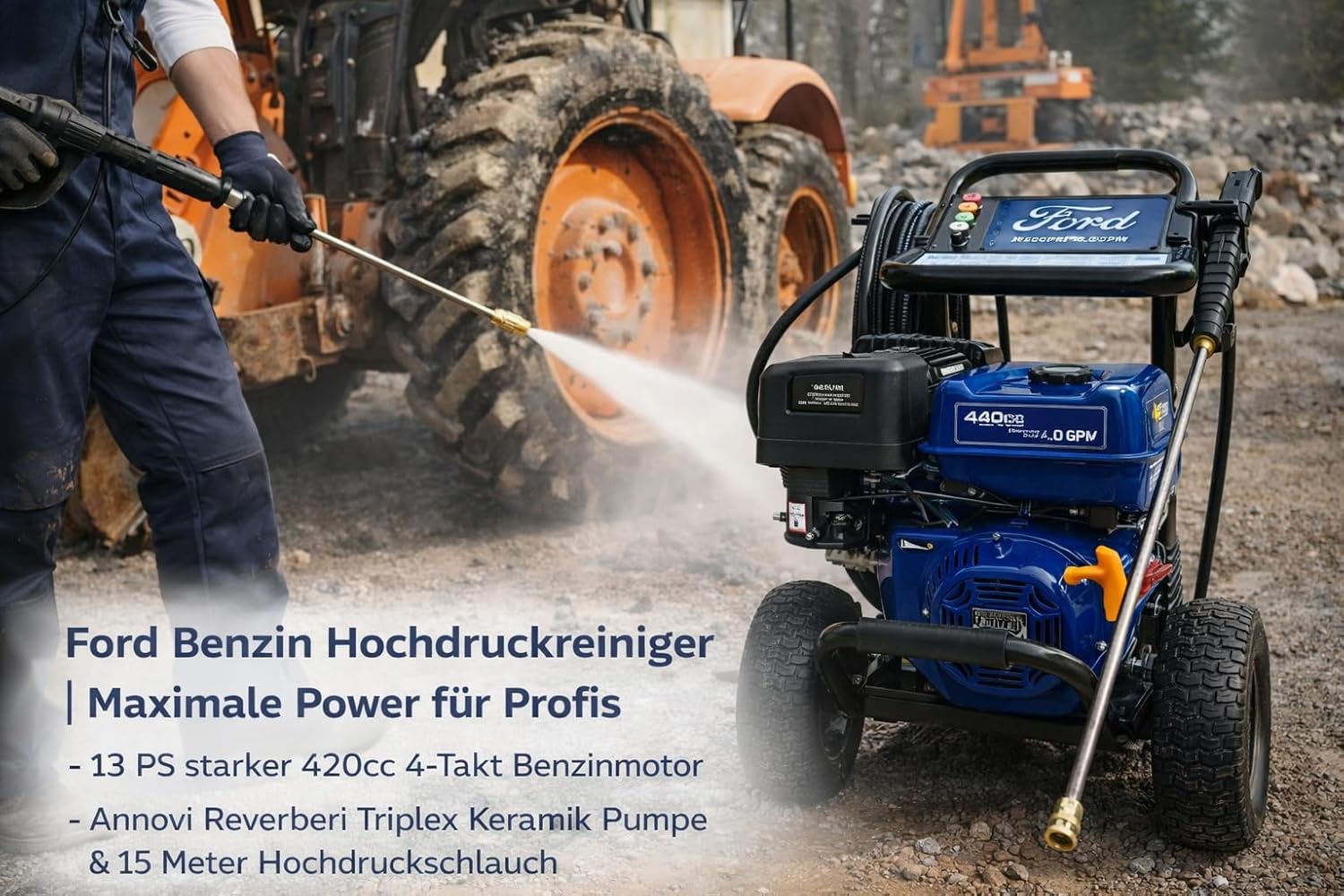 Ford Benzin Hochdruckreiniger 13PS 303 bar Annovi reverberi RSV-4G40 Hochdruckpumpe Flächenreiniger 420cm³ Steinreiniger Landwirtschaftsreiniger 6,5l Tank