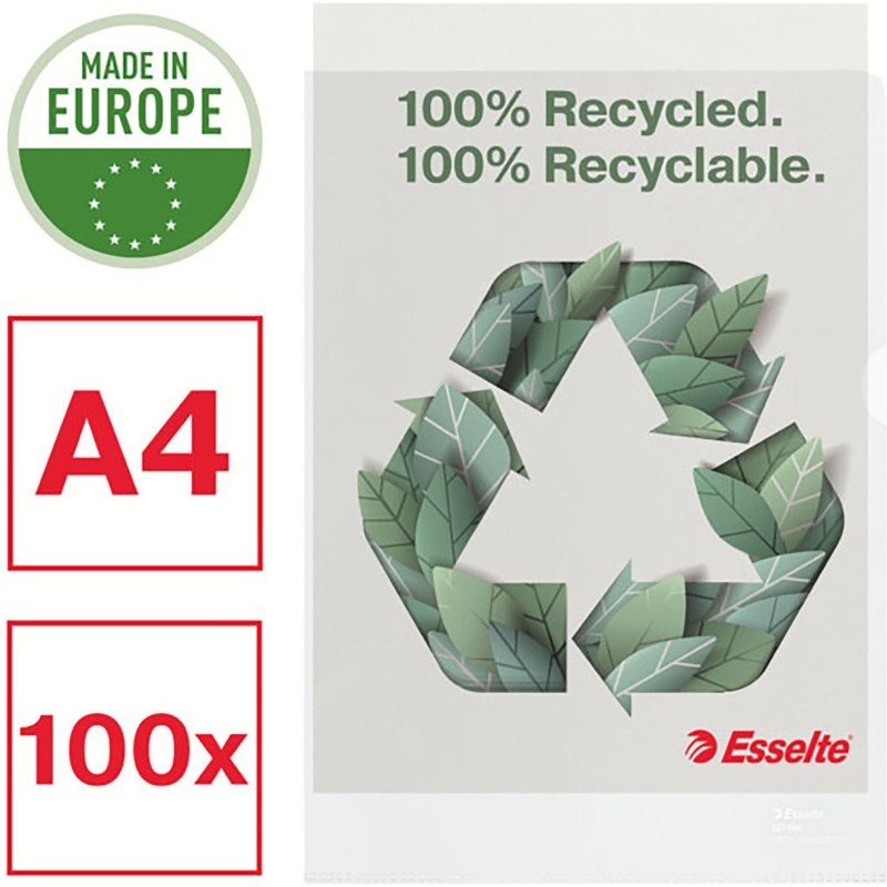Chemise coin 100% recyclée ESSELTE A4 polypropylène 10/100e transparente incolore - Paquet de 100