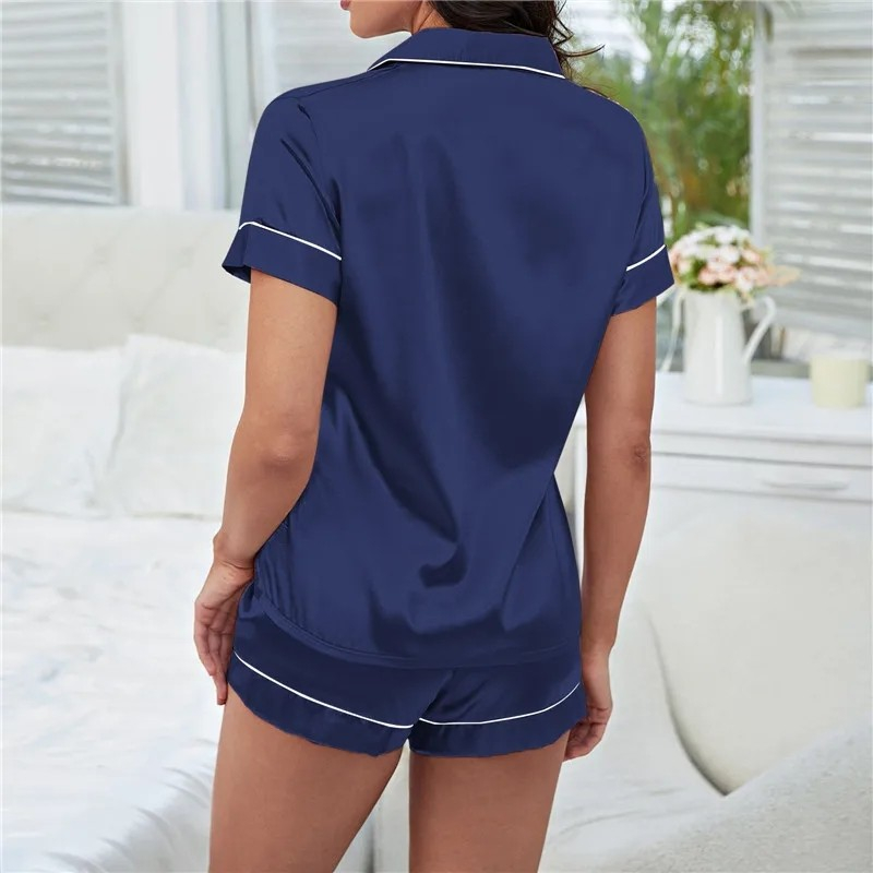 (2-tlg. Set) Gr. L Satin Pyjama Kurzer Schlafanzug Zweiteiler Nachtwäsche - Dunkelblau