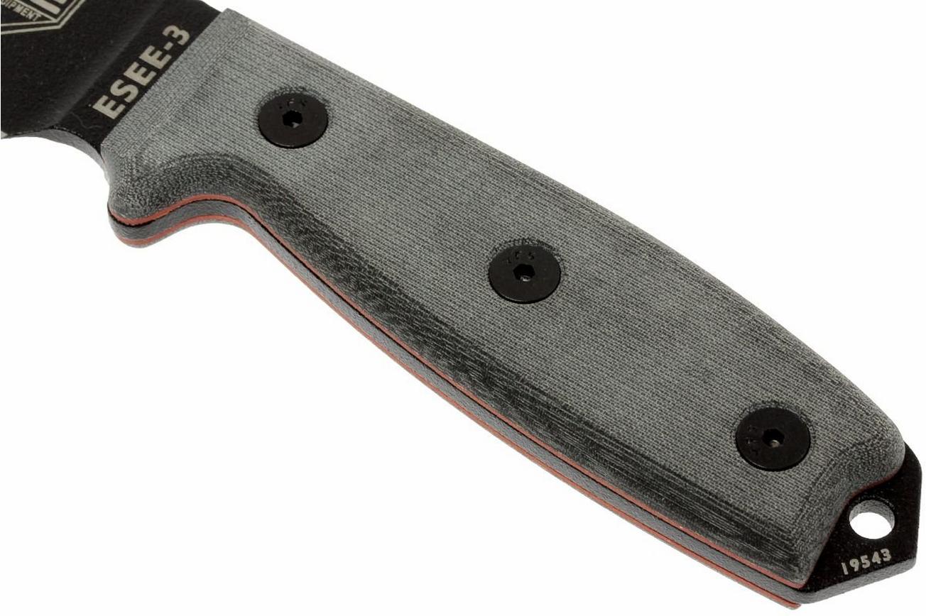ESEE Model 3 black blade, grey handle 3P-MB-B met schede   clip en MOLLE-back