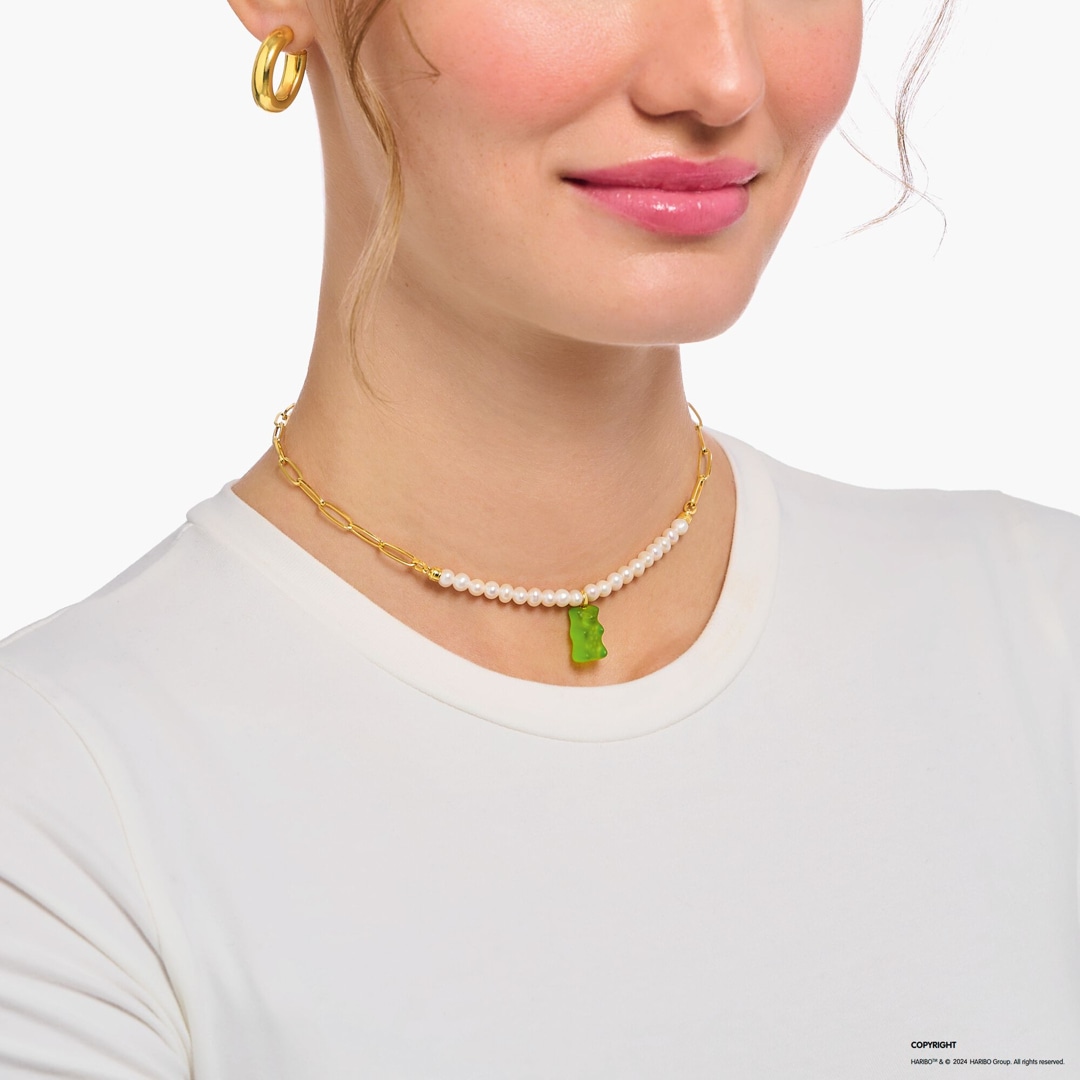 Thomas Sabo x HARIBO Gliederkette mit grünem Goldbären-Anhänger und Perlen vergoldet