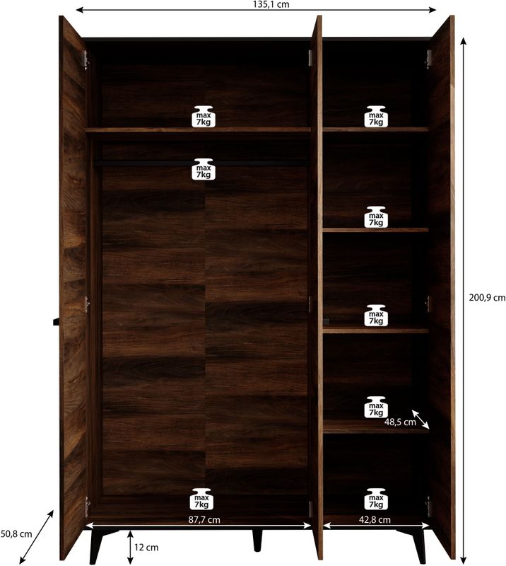 Meubella - Kledingkast Frey - Donker eiken - Zwart - 135 cm