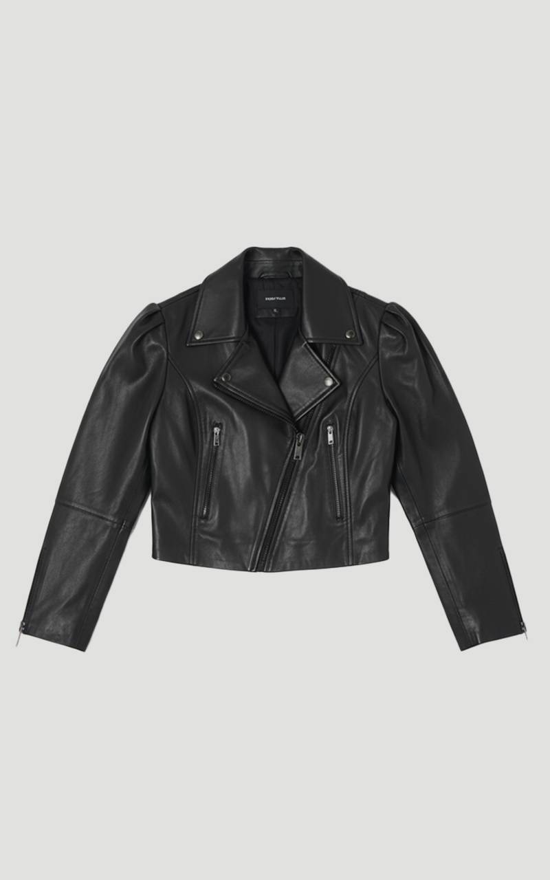 KarenMillen Veste de Motard Courte en Cuir à Épaulettes Structurées