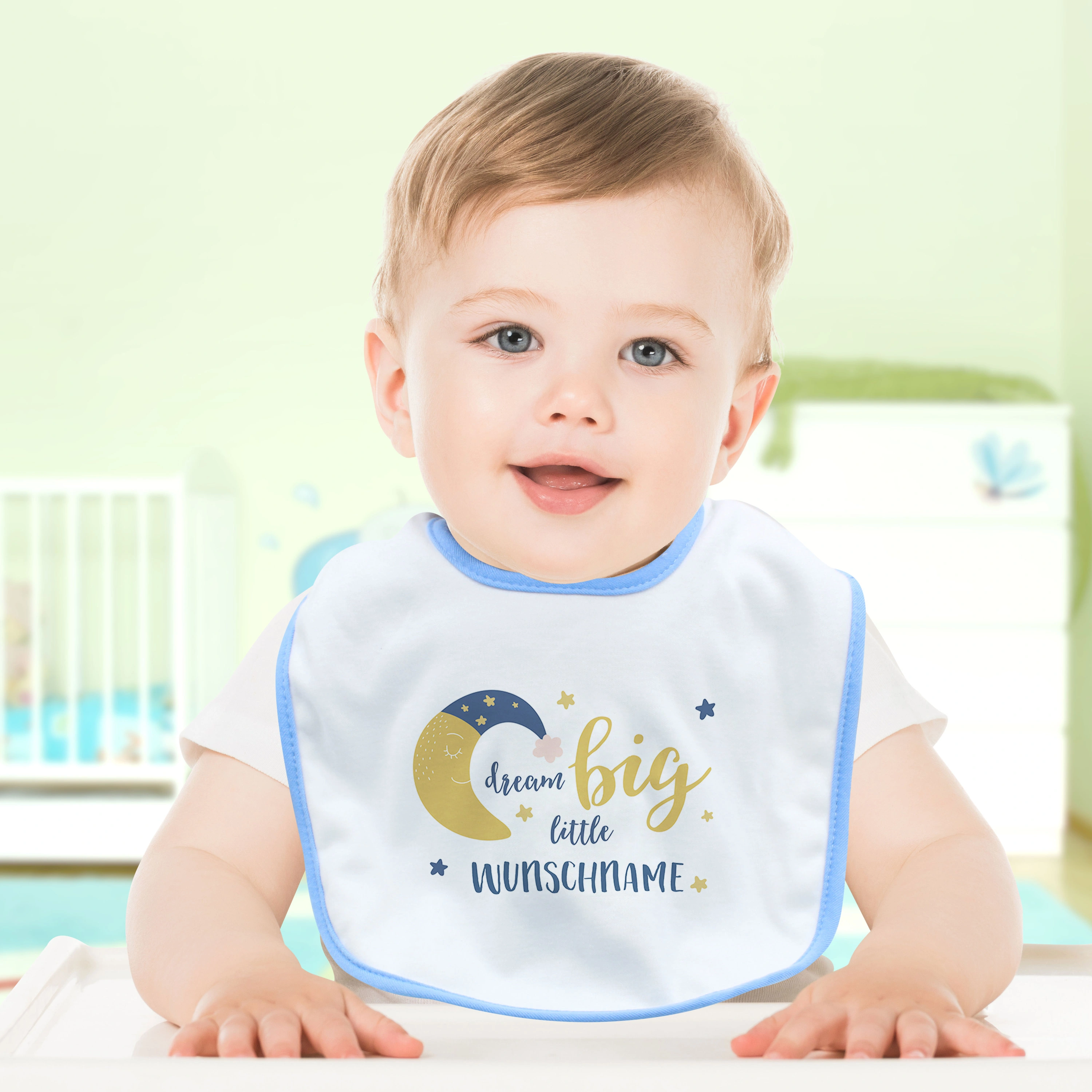 Baby-Lätzchen mit Namen, blau (Motiv: Dream Big)
