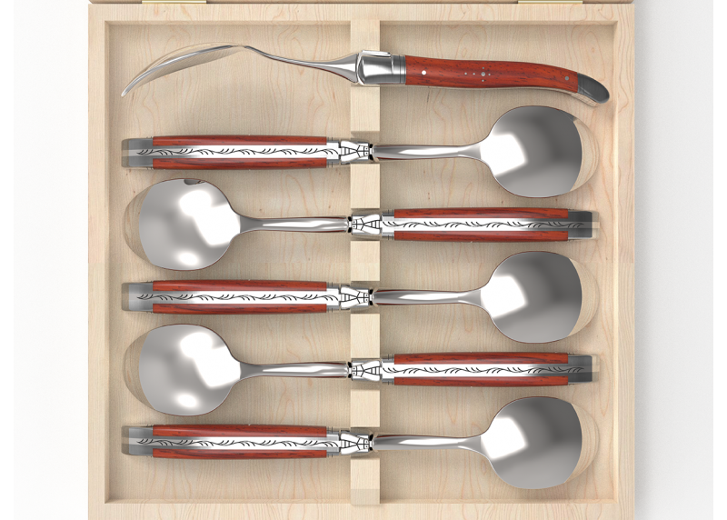Service de 6 petites cuillères Laguiole avec un manche en bois de corail et mitres en acier inoxydable