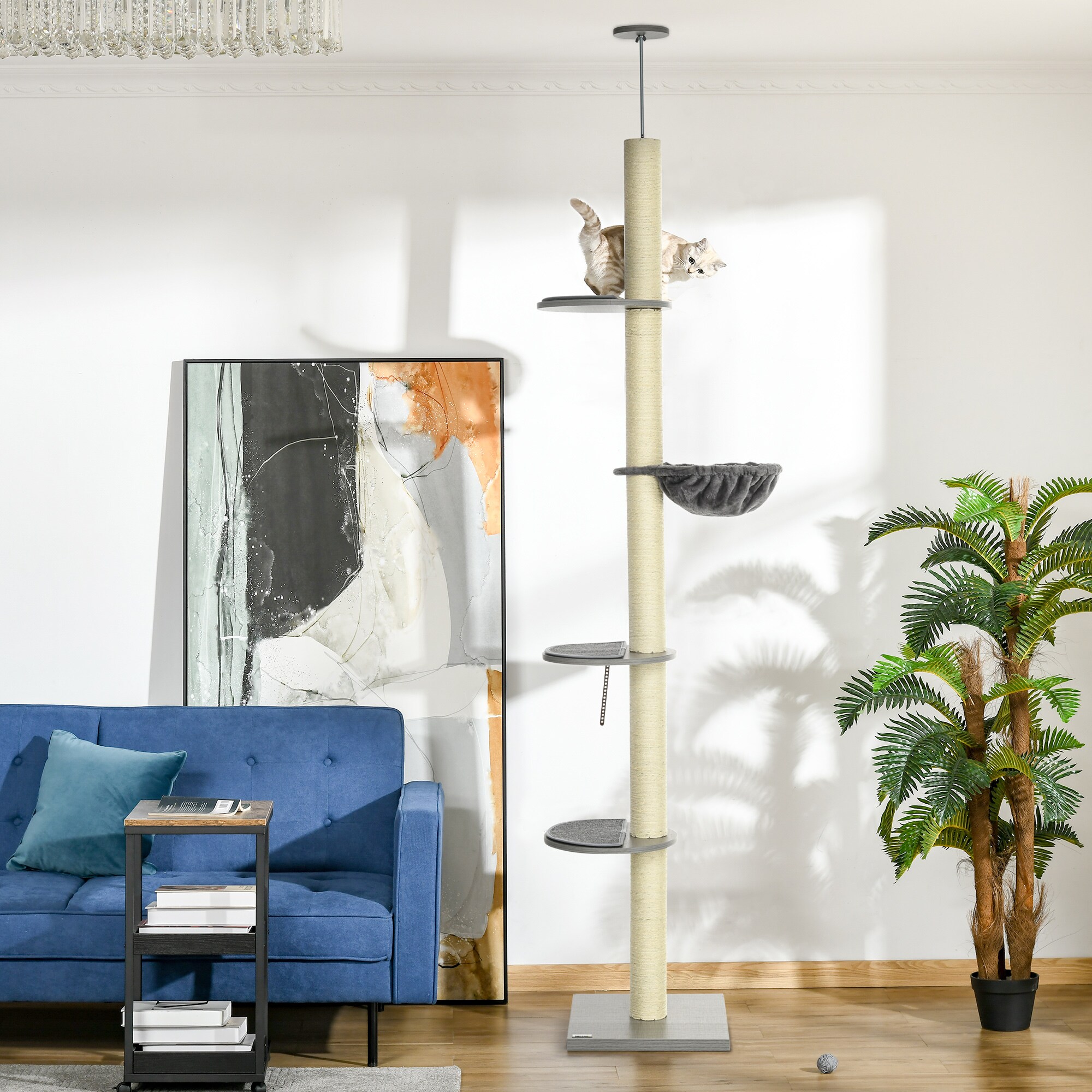 PawHut Deckenhoherkratzbaum mit Hängematte grau, natur 40L x 40B x 230-250H cm