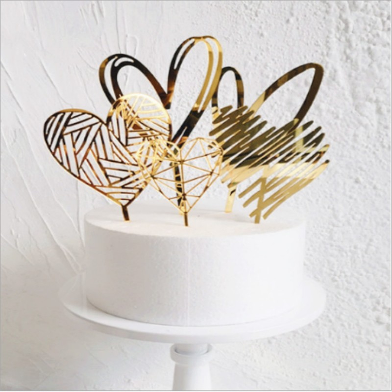 Kuchenstecker Herz Acryl Tortenstecker Topper Dekoration für Torten / Kuchen - Gold / Style 3
