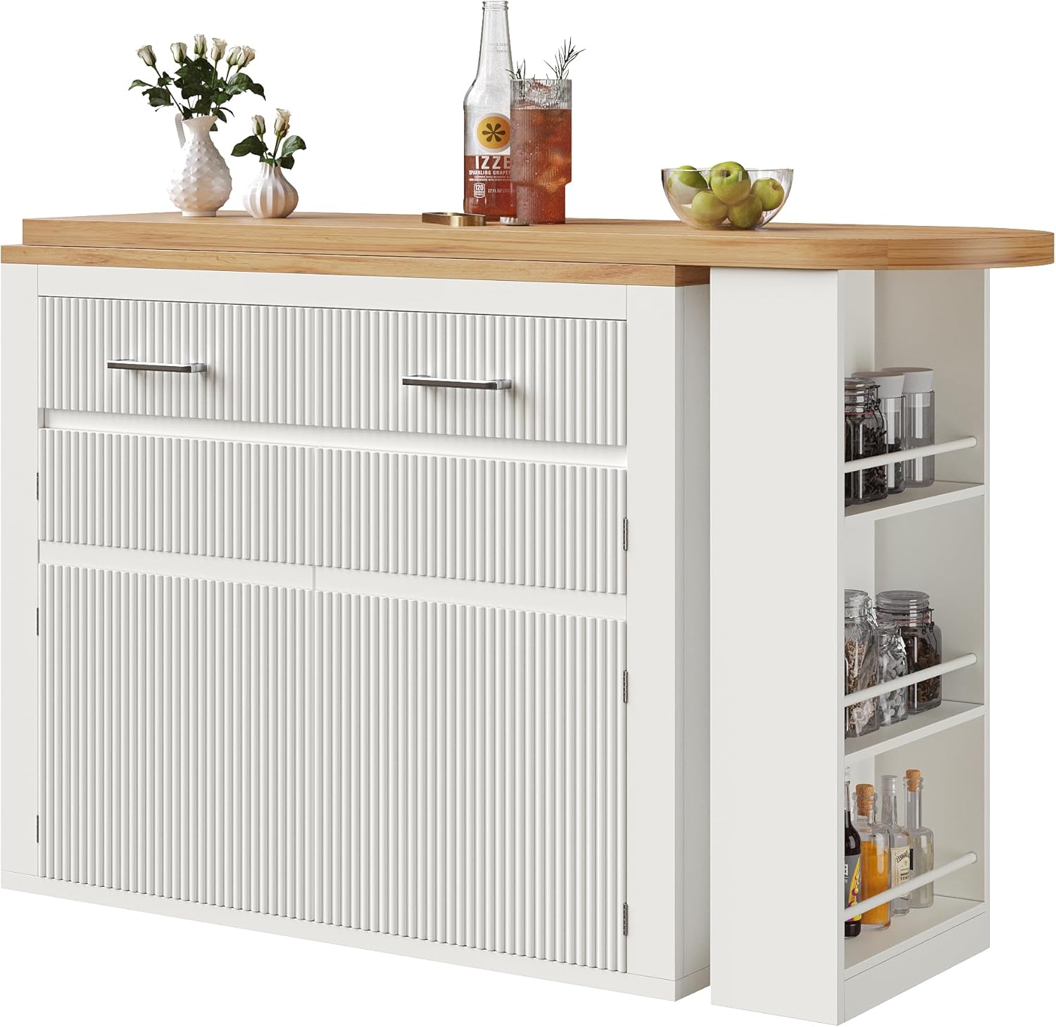 Ausziehbarer Bartisch mit Stauraum(137-215×39×102.3cm) , Moderner Beweglicher Bar Table, Teleskopischer Bartisch mit einer Schublade und zwei Regalen, Hochtisch Kücheninsel Bistro Table(Weiß)