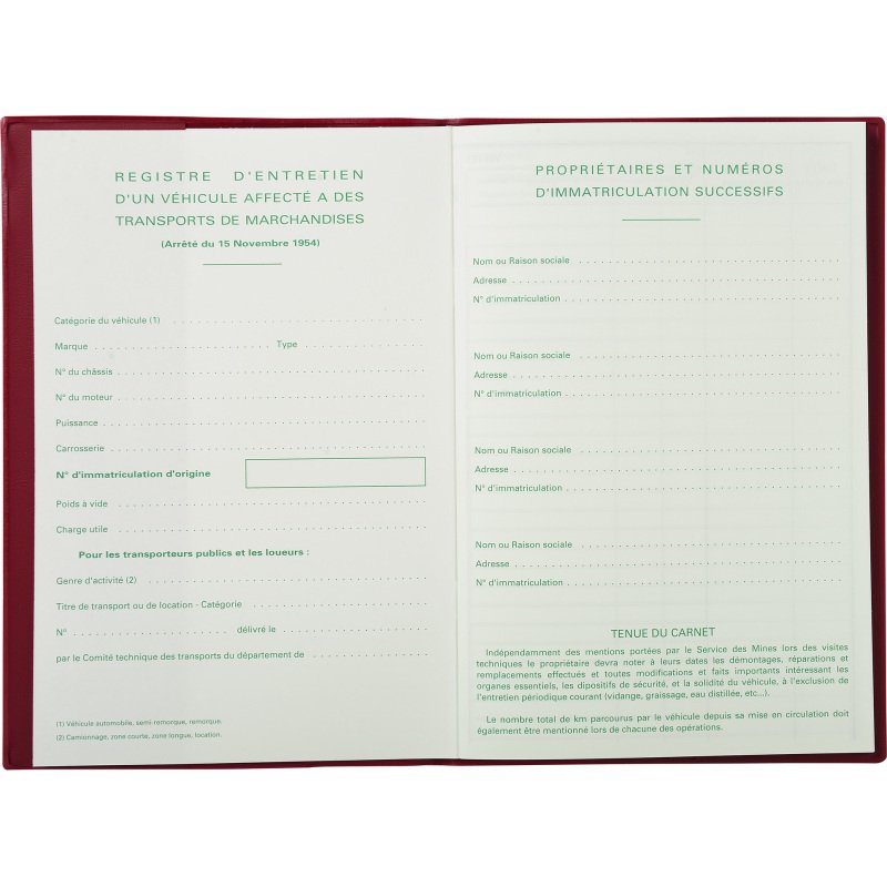 Carnet d'entretien pour véhicules de transports de marchandises - Modèle officiel - Format 21x13,5 cm