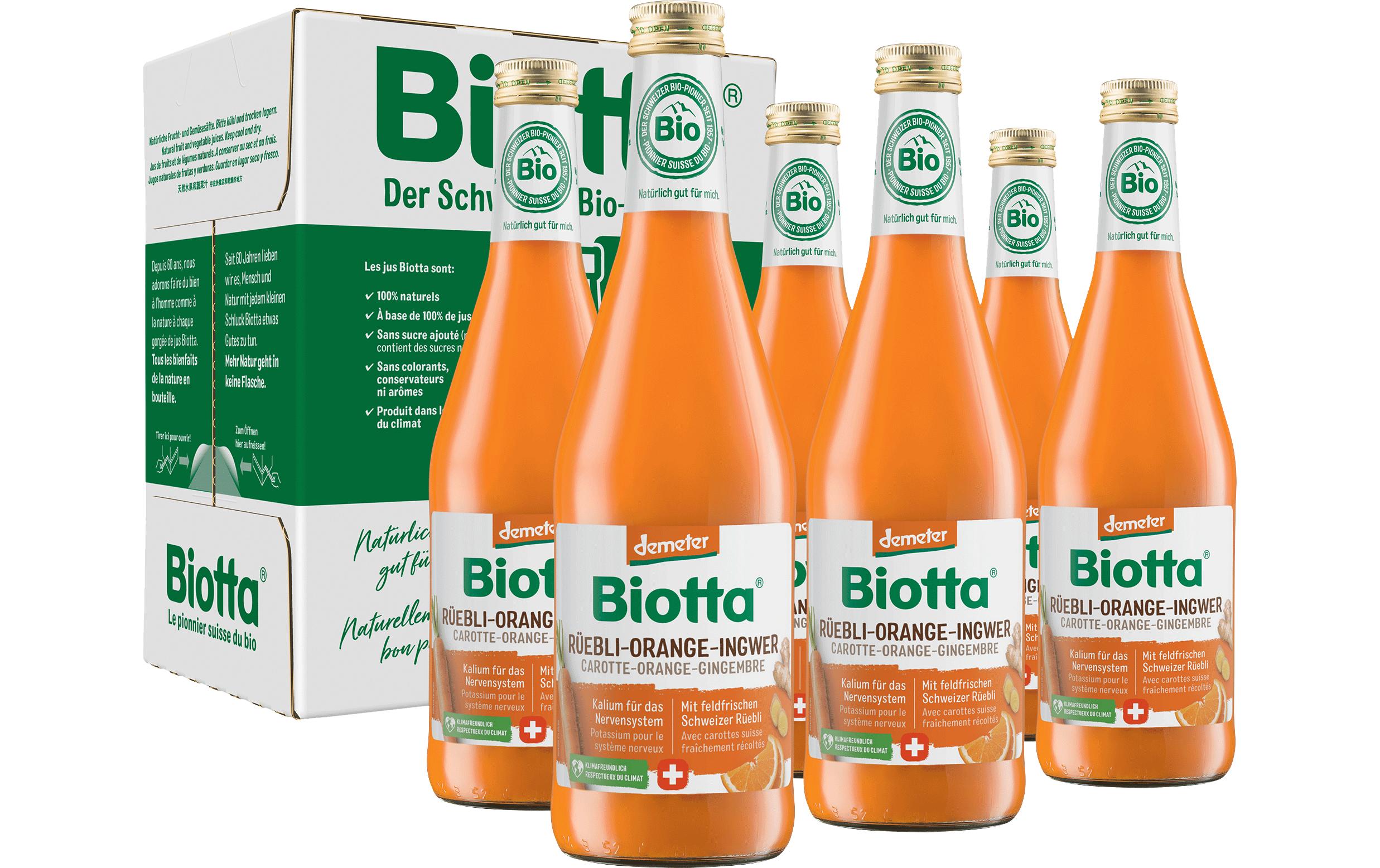 Biotta Demeter Rüebli-Orange-Ingwer 6 x 0.5 lGemüse- und Obstsaft aus erntefrischen Bio-Karoten und Bio-Orangen