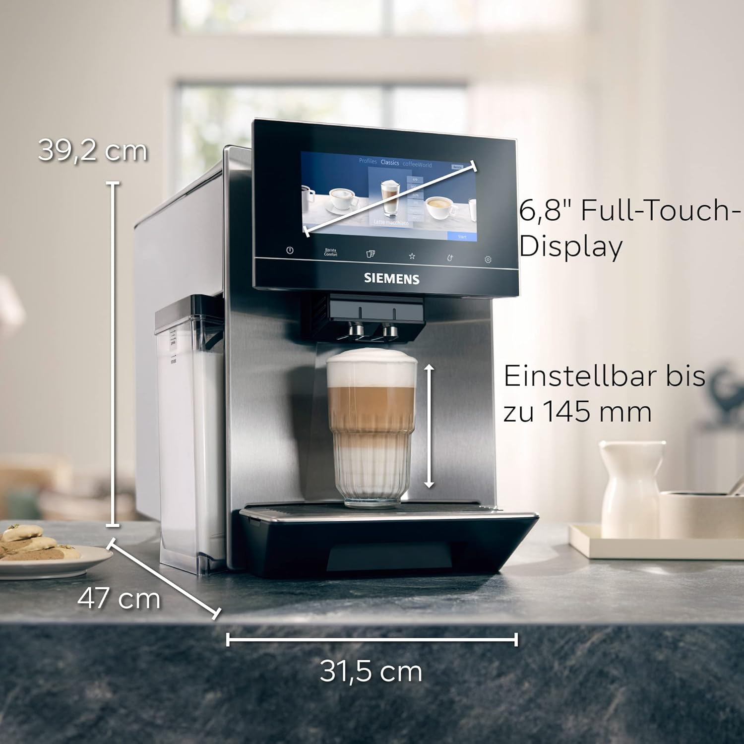 Siemens, machine à café automatique EQ900 TQ903D03, contrôle par l'application, écran tactile, mode barista, AromaBoost, réduction du bruit, broyeur premium, nettoyage à la vapeur, 1 500 W, inox
