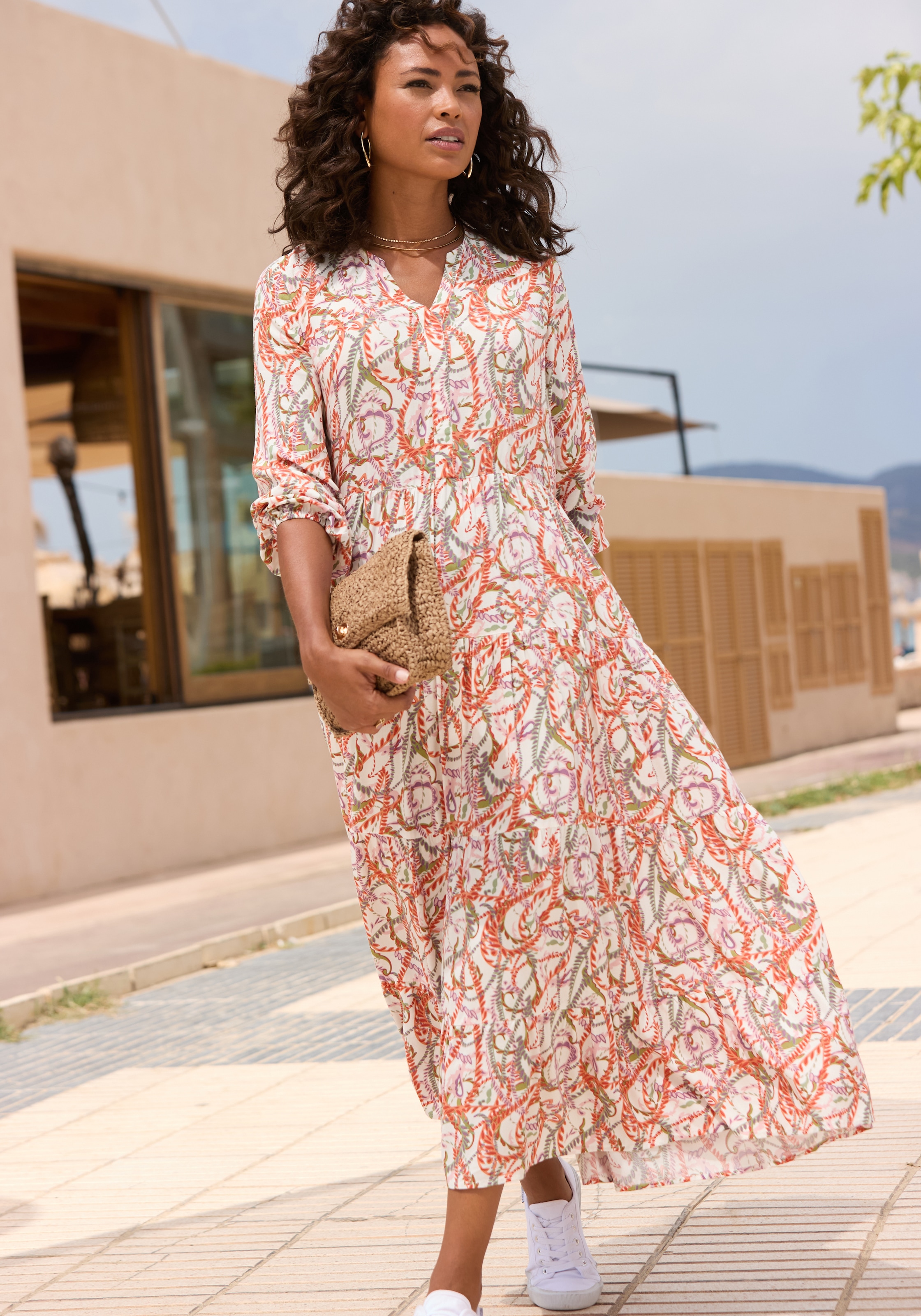 LASCANA Maxikleid mit Alloverprint und Volants, langärmlig, Druckkleid, casual-chic