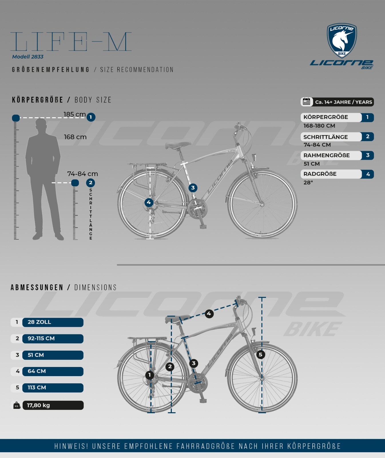 Licorne Bike Life M-V-ATBPremium Trekking Bike in 28 Zoll - Fahrrad für Herren, Jungen, Damen und Herren - Shimano 21 Gang-Schaltung - Herren Citybike - Männerfahrrad.