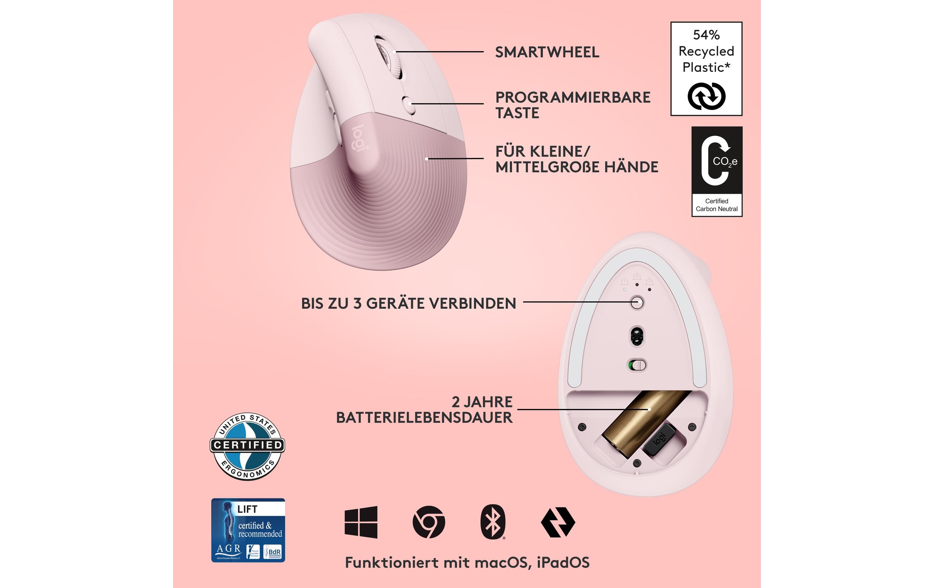 Ergonomische Maus Lift RoseKomfortable ergonomische Maus mit vertikalem Design für kleine bis mittelgrosse Hände