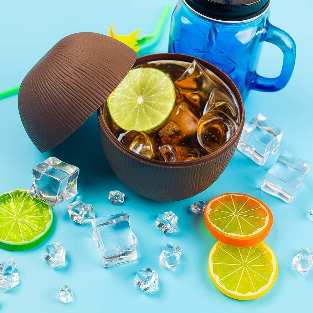 (6er Set) Mehrweg Cocktail Trinkbecher Sommer Party Hawaii Deko Getränke Becher mit Strohhalm - Kokosnuss / Ananas