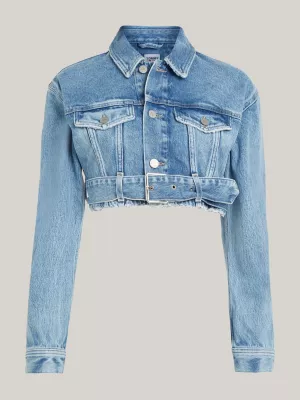 Jaqueta jeans cropped com cinto na cintura